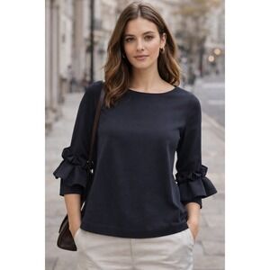 COS Navy Statement Ruffle Sleeve Ballet Neck Blouse Size S